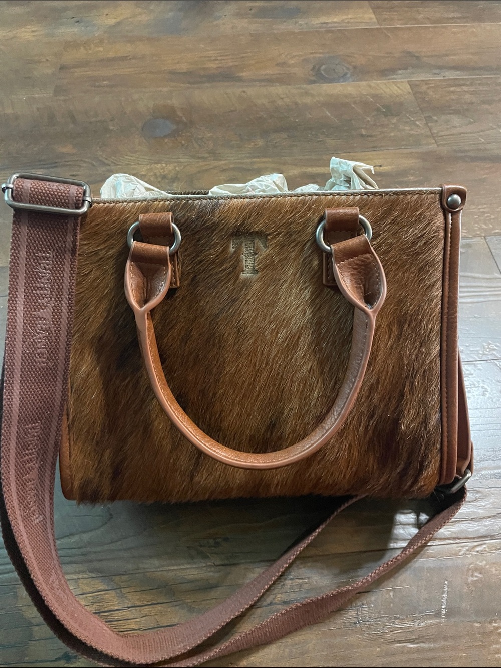 Brown Haircalf Leather Satchel Bag with Crossbody Strap